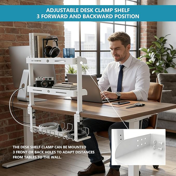 Clamp on Desk Shelf,3 Tier Desktop Organizer,Adjustable Clamp on Desk Top Organizer with Under Desk Hidden Storage Basket&Hooks,No Drilling Desk Clamp Storage Shelves for Working Gaming Accessories - Image 3