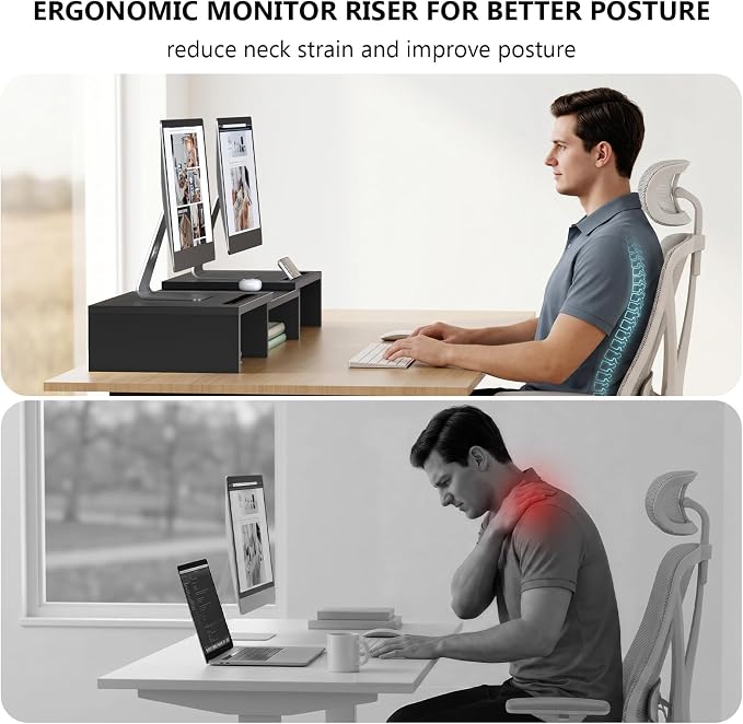 WALI Extra Long Wooden Dual Monitor Stand Riser with 2 Slots, up to 22lbs | Underneath Storage, Adjustable Length & Angle, Multi-Purpose Desktop Organizer Desk Shelf for Home Office PC, Laptop, Printer - Image 4
