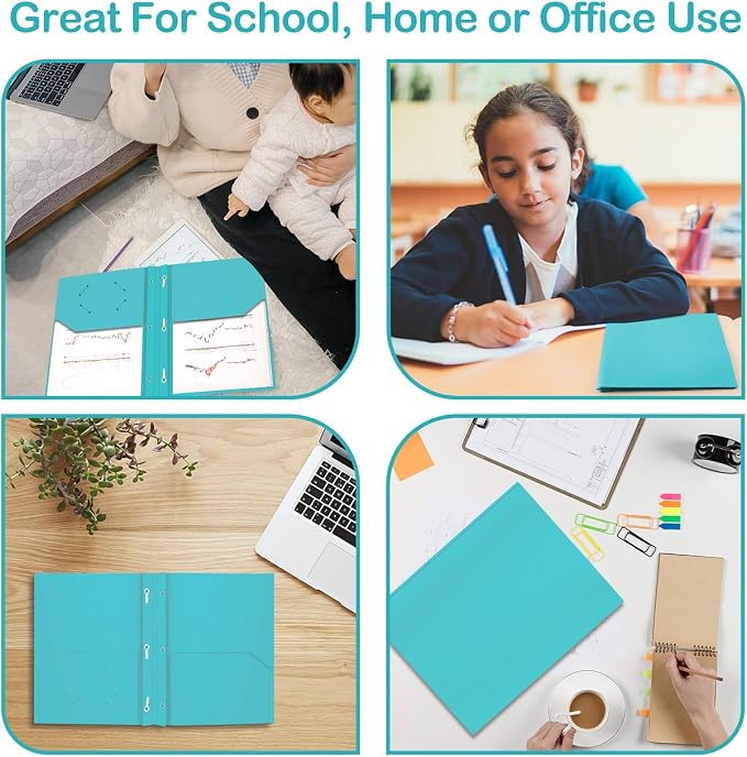 ViVin 12 Pack Plastic Folders with Pockets and Prongs, Heavy Duty 2 Pocket Folders with 3-Prong Fasteners, Poly File Holds 8-1/2" x 11" Paper for School Office Home (Lake Blue) - Image 4
