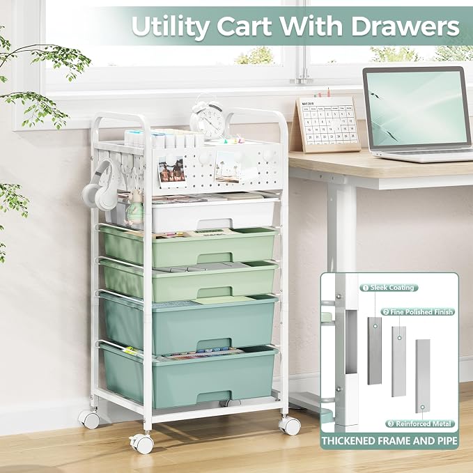 5 Drawer Rolling Storage Cart with Pegboard Top and Hooks, Gradient Green | Mobile Organizer Cart with Wheels for Office Supplies, Craft Storage, Classroom Organization, Home Utility Cart - Image 6