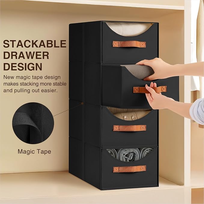 Stackable Storage Drawers - Collapsible Storage Bins with Drawers, 6 Pack Small Closet Organizer Bins, Fabric Pull Out Organizer for Bedroom, Living Room, Dorm, Black - Image 4