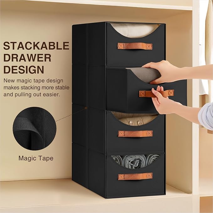 Stackable Storage Drawers - Collapsible Storage Bins with Drawers, 6 Pack Closet Shelf Organizer Basket, Fabric Pull Out Organizer for Bedroom, Living Room, Dorm, Black - Image 4