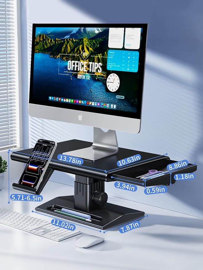 Computer Monitor Stand Riser for Desk,5.7-6.5 Inches Height Adjustable with Storage Drawer & Phone Holder,Workspace Desktop Organizer Monitor Stands Risers Shelf for Computer,Laptop,Printer,TV - Image 2