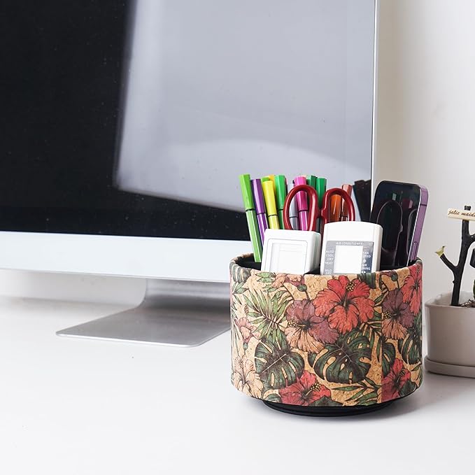 Round Leather Art Supply Organizer,Remote Control Holder,360 Degree Spinning,Multi-Functional Pencil Holder,4 Compartments Desktop Stationary Organizer(1-Wood Leather Banana)