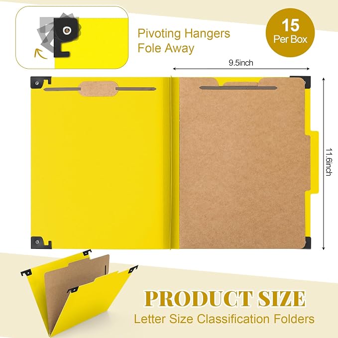 Henoyso 15 Pcs Hanging Classification Folders Bulk with 2 Prongs, 1 Divider Letter Size, 2 Inch Expansions Pressboard File Folder, 1/3-cut Tab File Organizer (1 Divider,Yellow) - Image 2