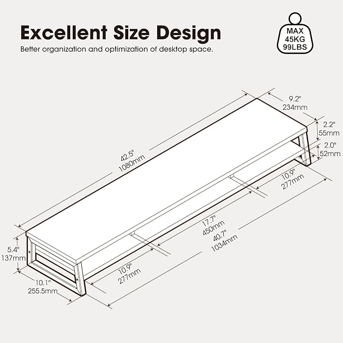 Fenge Dual Monitor Riser for Desk, Open Shelf with 3 Storage Compartments | 42.5in Computer Monitor Stand, 2-Tier Desk Shelf for Top of Desk,One-Piece Panel, fit Ultrawide Monitor, PC, Laptop, White - Image 3