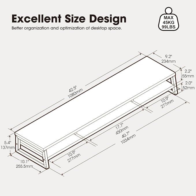 Fenge Dual Monitor Riser for Desk, Open Shelf with 3 Storage Compartments | 42.5in Computer Monitor Stand, 2-Tier Desk Shelf for Top of Desk,One-Piece Panel, fit Ultrawide Monitor, PC, Laptop, Black - Image 3