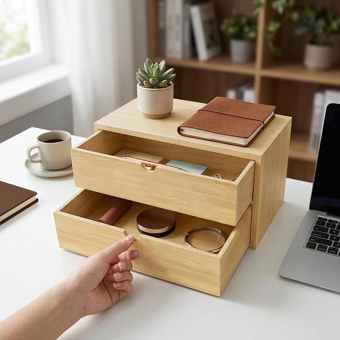 Bamboo Desk Organizer with 2 Drawers, Wood Storage Box for Office Supplies | Solid Tabletop Drawer Chest, 13.4 x 7.1 x 7.5 in, No Assembly - Fits Countertop, Vanity, Dorm and Small Spaces - Image 2