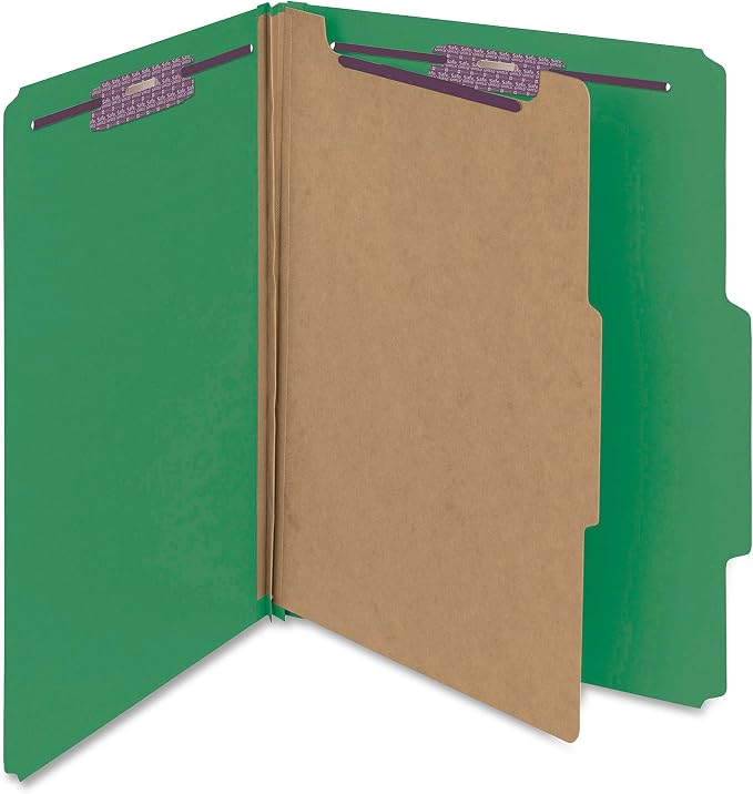 Smead Pressboard Classification File Folder with SafeSHIELD Fasteners, 1 Divider, 2" Expansion, Letter Size, Green, 10 per Box (13733) (Pack of 1) by SMEAD