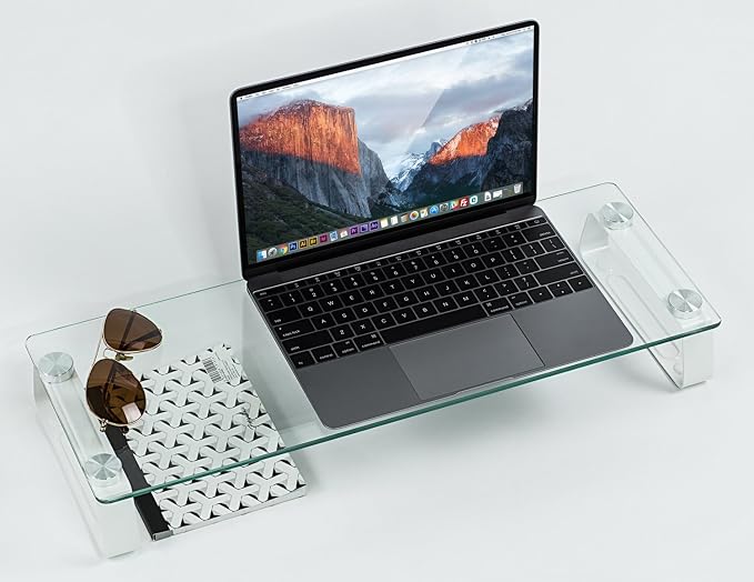 Mount-It! Glass Monitor & Laptop Riser Stand, 22", 44 lbs | Clear flat screen display stand with desktop shelf and organizer, glass and aluminum construction. - Image 5