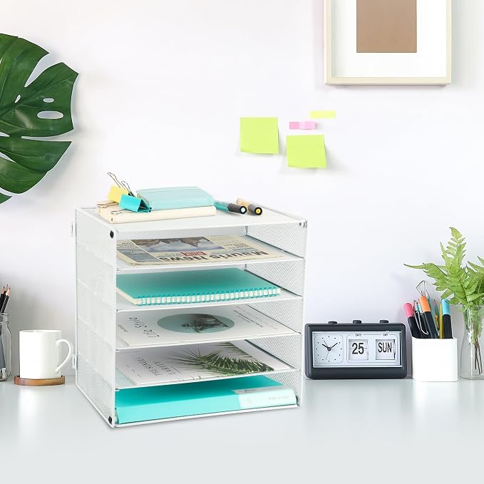 5 Slot Mesh Desk Organizer Tray, File Paper Letter Folder Holder Desktop Paper Sorter Mail Organization Rack Storage Accessories, for Office Home School Classroom, White - Image 6