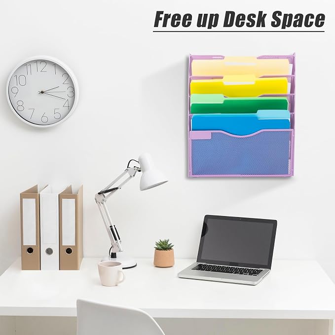 5 Pocket Mesh Hanging Wall File Organizer, Wall Mounted Mail Paper Document Folder Holder, Clipboard Storage Organization Magazine Rack with Nametag Label for Office Home School, Light Purple - Image 5