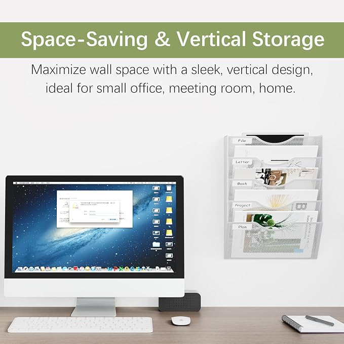 EasyPAG Wall File Organizer 5 Tier Hanging Paper Folder Holder, Zero Assembly Metal Mesh Wall Mounted Mail Organizer for Office Home Classroom Narrow Spaces, White - Image 3