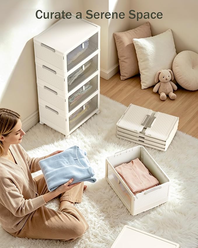 23QT Stackable Storage Bins with Lids and Wheels, 4 Tier 92QT Foldable Plastic Storage Drawers with Magnetic Doors, 4 Pack Collapsible Closet Organizer for Bedroom Office, White - Image 3