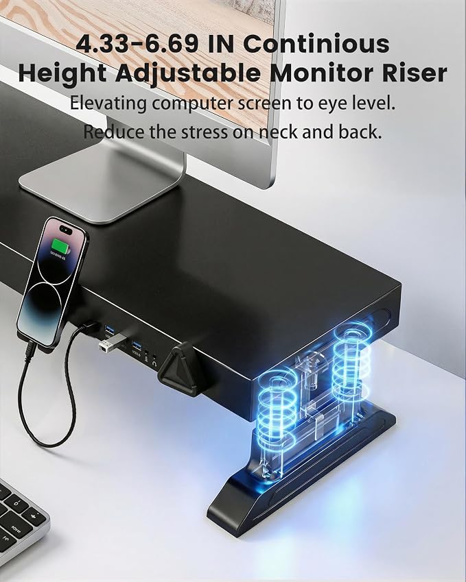 Height Adjustable Dual Monitor Stand Riser with 6-Port USB Hub, Black | Fits Dual 27" Monitors, Charge & Sync Multiple Devices, Ergonomic Height, Solid Steel Material, Cable Management, Quick Setup - Image 2
