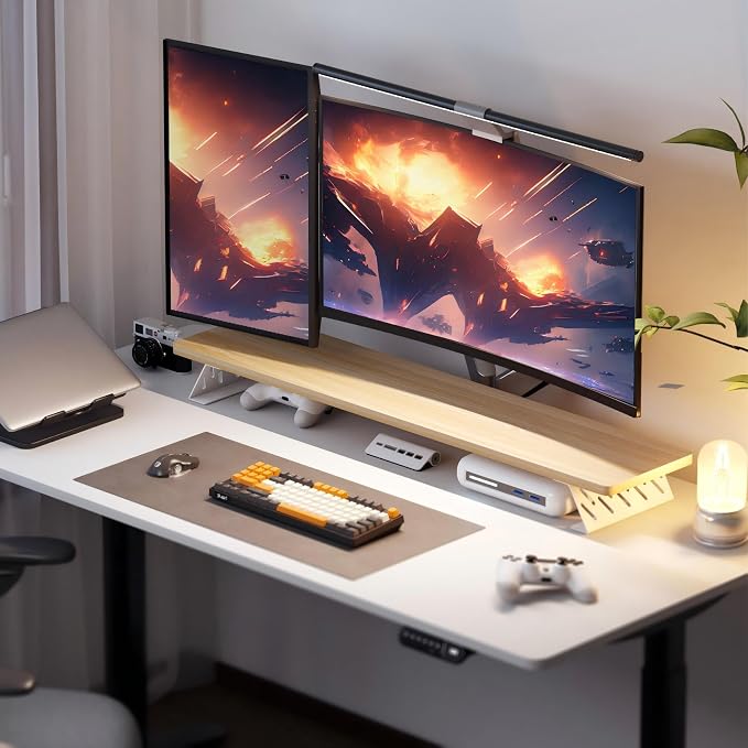 Fenge Monitor Stand Riser, Wooden & Metal Desk Shelf Organizer, Oak | 42.5 Inch Dual Monitor Riser for 2 Monitors, Multifunctional Monitor Shelf for Laptop, PC, Printer - Image 8