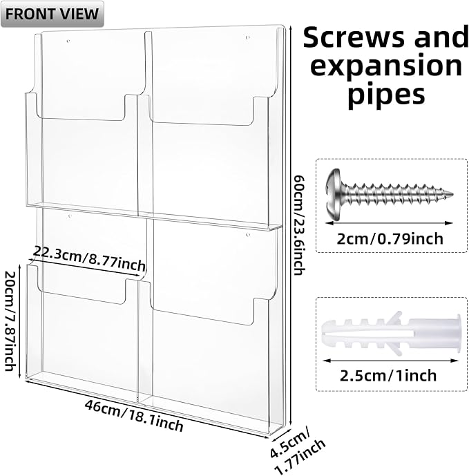 Barydat 4 Pocket Acrylic Brochure Holder Wall Mount 11.8 x 8.78 inches | Clear Pamphlet Holder Plastic Trifold Flyer Rack Magazine Display Stand Wall Hanging Organizer for Office Menu Ads - Image 2