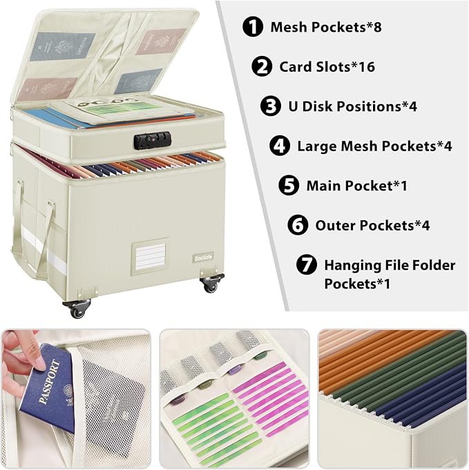 DocSafe Fireproof Document Box with Lock,2-Layer File Box with Wheels,Collapsible File Storage Organizer with Pockets,Large Portable Office Filing Cabinet for Hanging Folders,Beige,16''x13.8''x12.2'' - Image 2