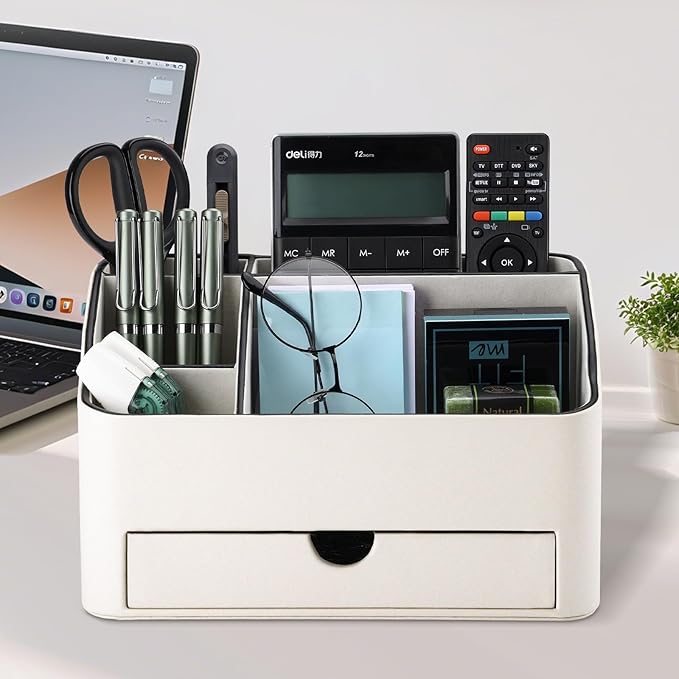 PU Leather Desk Organizer with Drawer, 5 Compartments Desktop Storage Caddy for Office Home Supplies, Pen Holder for Remote Control, Phone & Accessories, Mail Organizer Countertop Ivory White - Image 7
