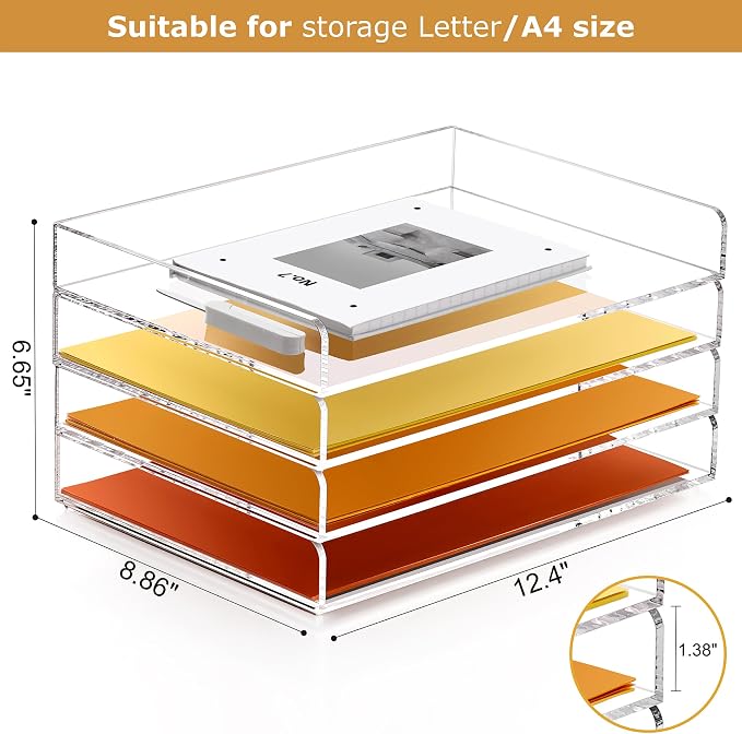 4-Tier Acrylic Stackable Letter Tray Paper Organizer Trays for Desk,Clear | Horizontal File Paper Sorter, Office Supplies Accessories Storage for Letter/A4 Size Folders Documents 12.4inx8.86inx6.65in - Image 2