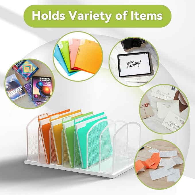 Desk File Organizer Vertical 7 Sections Mesh File Sorter Paper Storage Organizer for Desk, Office Organization File Holder Rack, White - Image 5