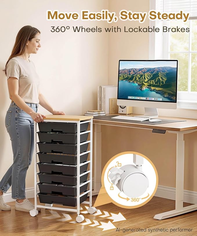 Homde Rolling Storage Drawer Cart: 8-Drawer Sort to Clear Desk & Dresser Clutter - Anti-Fall Smooth Glide Prevents Spill-Out During Daily Grab - Lockable Wheels Keep It Steady - Image 6