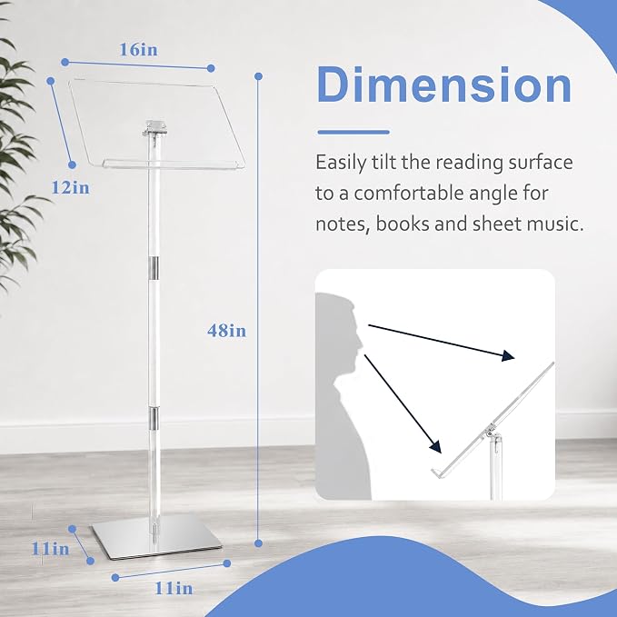 Podium Stand, Lecterns & Podiums, Acrylic Podium, Portable Podium Stand, Adjustable Angles with Metal Base, Podium for Classroom, Church, Weddings, Speech, 16" L x 12" W x 48" H, Clear - Image 3