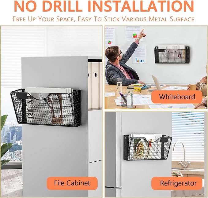 MFTEK Magnetic File Holder, 4 Pockets Magnetic File Folder Holder No Drilling Magnet Paper Mail Organizer Magazine Basket, Hanging Wall Storage Rack for Fridge Cabinets Office Classroom - Image 4