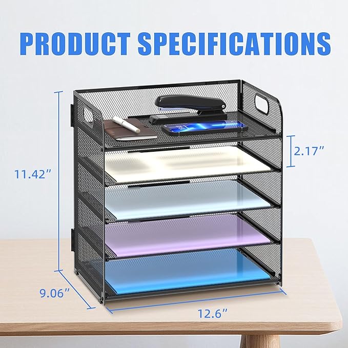 2 Pack 5-Tier Desk Organizer with Handle Mesh Desk File/Paper Organizer Letter Tray for Office, School, Classroom and Home Easy Installation, Black - Image 6