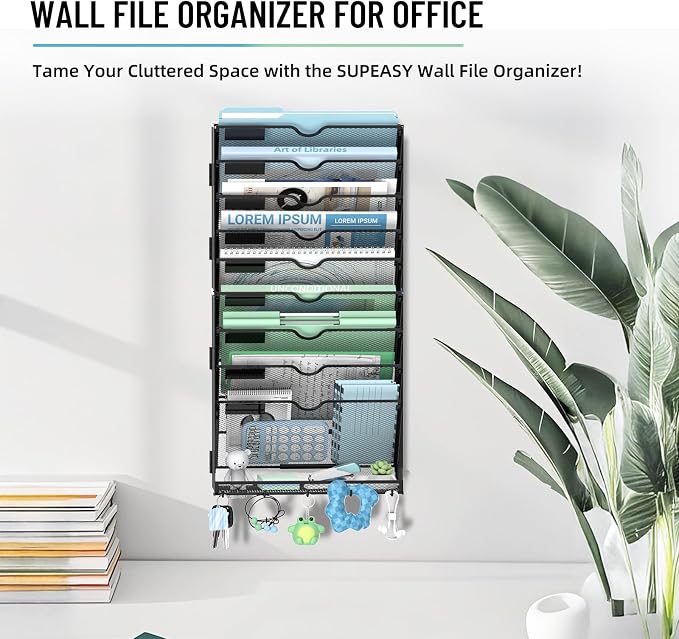 10-Tier Wall File Organizer with 5 Hooks, Wall Mounted Mail Organizer | File Holder Organizer, Metal Mesh Office Wall Organizer for Home, School & Classroom - Image 2