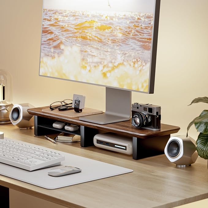 31.5" Dual Monitor Riser, Metal Shelf Wooden Desk Organizer | Walnut Wooden Desk Shelf for 2 Monitors/TV,Monitor Stand Riser for Desk, Wood Monitor Stand Organizer for Home Office - Image 2