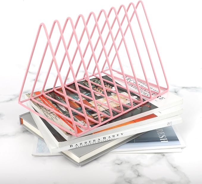 Vinyl Record Holder Storage, 9 Slot Metal Magazine Book Album Display Rack, Stylish Triangle Desktop File Sorter Organizer for Home Office, Pink Pack of 2 - Image 5