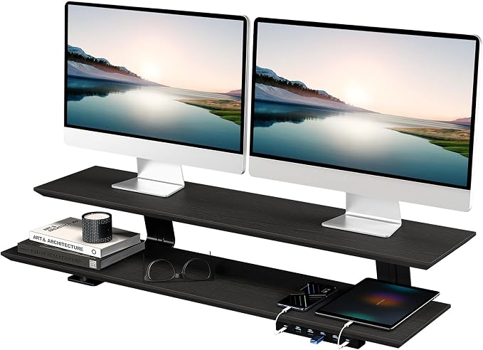 Dual Monitor Stand Riser for Large Office Desk Organization, Black | Solid Wood Made, 30w Fast Charging Ports, Data Transfer USB Ports, Raise Monitor Height, More Desk Space, No Wobble - Image 7