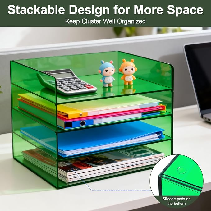 Gelite Acrylic File Organizer for Desk 4 Tiered Stackable Letter Tray Office Paper Storage Desktop Document Sorter, Emerald Green - Image 6