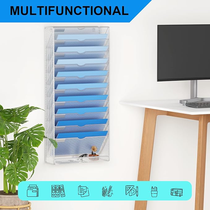 Hanging Wall File Organizer 10 Tier Wall Mounted File Holder Document Wall Organizer Magazine Organization for Office Home, Silver - Image 6