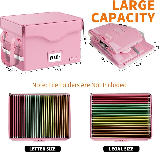 DocSafe 5200°F Fireproof Document Box with Lock,Heat Insulated File Organizer Storage with Pockets,Collapsible Portable Home Office File Safe Box with Handle for Hanging Letter/Legal Folders, Pink - Image 8