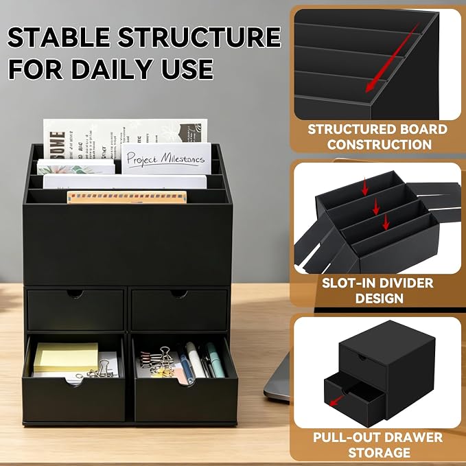 2 Sets Desktop Mail Organizer with Drawers, 4-Compartment Stepped Mail Sorter and 2-Drawer Storage Box for Bills, Letters, Envelopes, Papers, Home Office, Reception, Entryway and Mailroom - Image 7