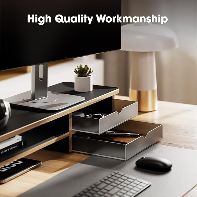 Fenge Monitor Stand, Desk Computer Riser with Frosted Storage Drawer, Black | 42.5 Inch Dual Monitor Riser, 2 Tiers, Cable Management, Desk Shelf for 2 Monitors, Ultrawide Screen, Laptop, TV, Home Office - Image 4
