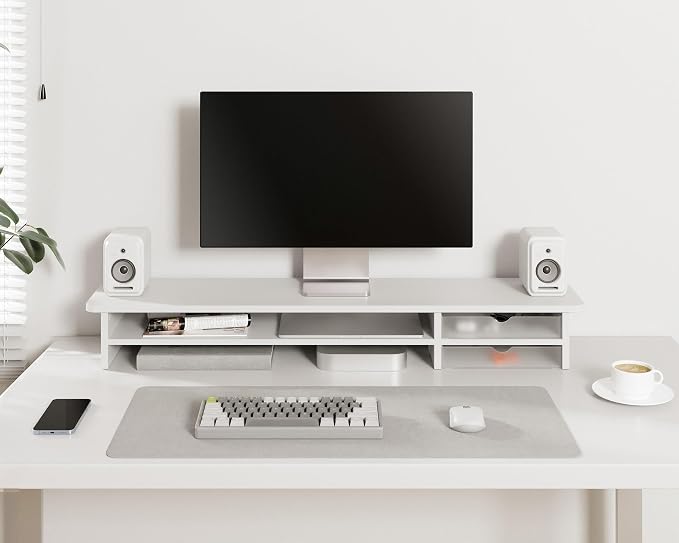 Fenge Monitor Stand, Desk Computer Riser with Frosted Storage Drawer, White | 42.5 Inch Dual Monitor Riser, 2 Tiers, Cable Management, Desk Shelf for 2 Monitors, Ultrawide Screen, Laptop, TV, Home Office - Image 6
