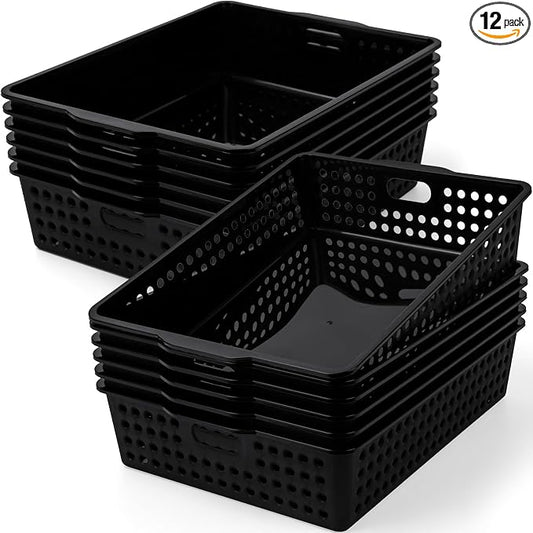 12 Pcs Plastic Storage Baskets Bulk 14 x 10 In Stackable Storage Bin with Handles A4 Size Desktop File Letter Organizer Tray Multi-purpose Container for Shelve Desktop Classroom Office Home Playroom by UZLUbuywithconfidence
