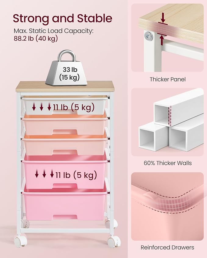 VASAGLE 5-Drawer Rolling Storage Cart, Mobile Organizer Trolley with Wood Top and Metal Frame, for Craft Room, Office, 15.6 x 11.2 x 24.8 inch, Pink, BENCO Collection ULRC005S101 - Image 7