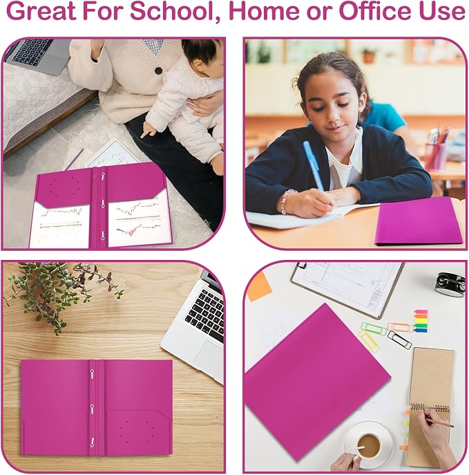 ViVin 12 Pack Plastic Folders with Pockets and Prongs, Heavy Duty 2 Pocket Folders with 3-Prong Fasteners, Poly File Holds 8-1/2" x 11" Paper for School Office Home (Purple) - Image 3