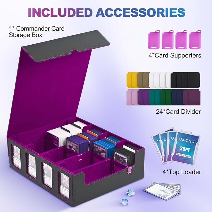 UAONO Trading Card Storage Box with Commander Display, Black Purple | 2400+ Deck Box for MTG with Removable Cover, Top Loaders Card Case Fits Magic TCG PTCG Sports Cards, 24 Dividers, 4 Stoppers - Image 3