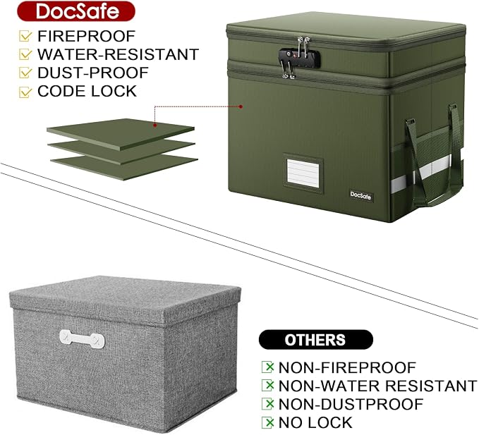 DocSafe File Box with Lock,Multi-Layer Fireproof Document Box Collapsible File Storage Organizer with Pockets/Handle,Portable Home Office Filing Cabinet for Hanging Letter/Legal Size Folders,Green - Image 8