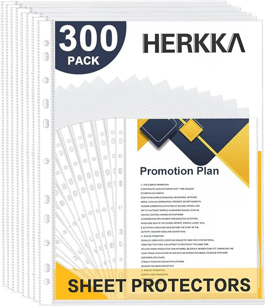 Sheet Protectors, HERKKA 300 Pack Heavy Duty Clear Plastic Page Protectors Sheet Reinforced 11-Hole Fit for 3 Ring Binder Fits Standard 8.5 x 11 Paper, 9.25 x 11.25 Top Loaded, Acid Free by HERKKA