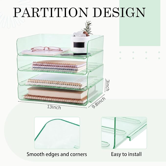 Harloon 4 Tier Clear Sage Green Acrylic Paper Organizer Letter Tray, Aesthetic Stackable Desk File Organizer Paper Holder Office Tray for A4, Modern Office Classroom Home File Pad Books Notes - Image 2