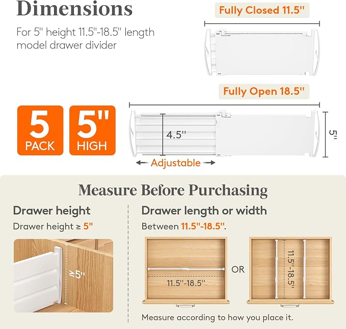 Lifewit 5" Tall Drawer Dividers, Adjustable Deep Drawer Organizer Clothes | 5 Pack 11.5"-18.5" Expandable White Plastic Separators for Dresser, Kitchen, Cabinet, Closet, Office Organization & Storage - Image 2