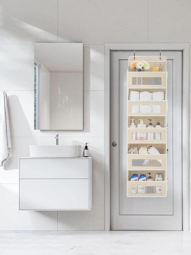 JARLINK Over the Door Organizer for Pantry, Bathroom, 5 Shelf Beige, 2 Pack | Anti-Tilt Design, 44 lb Load Capacity, Hanging Door Organizer with 5 Large Capacity Pockets, Behind Door Storage for Nursery - Image 5