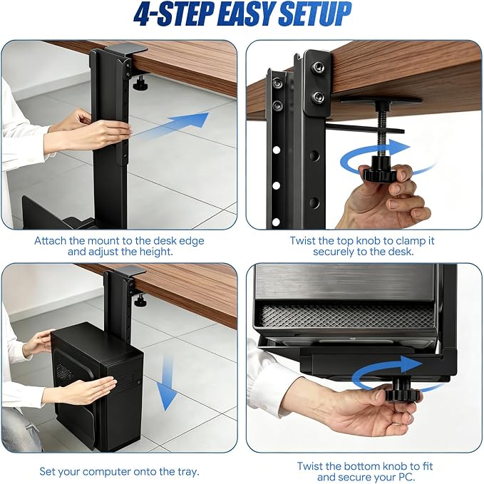 Adjustable Under Desk PC Mount, Heavy Duty No Drilling Clamp Mount on Desk Fits Most PC Tower 14.5”-22.4” (H) , Thickened & Ultra Strong CPU Holder for Standing Desk & Home Office, Black - Image 9