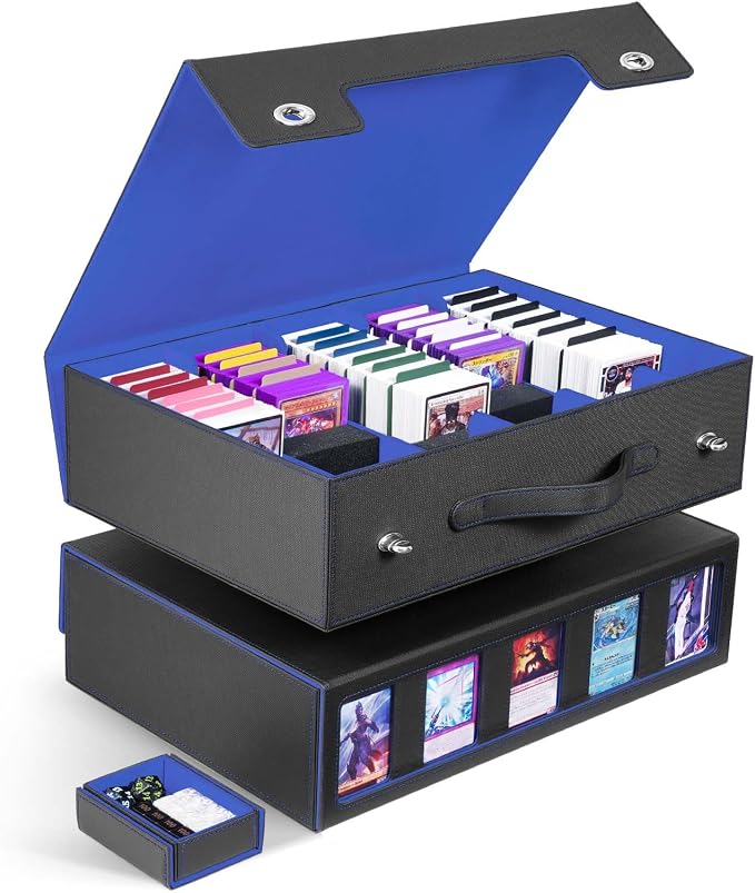 ZLCA Trading Card Storage Box 5-Row with Handle, MTG Storage Box | Holds 3900+ Cards with Commander Display, Top Loaders Organizer Case for TCG PTCG Sport Card(Black&Blue) by ZLCA